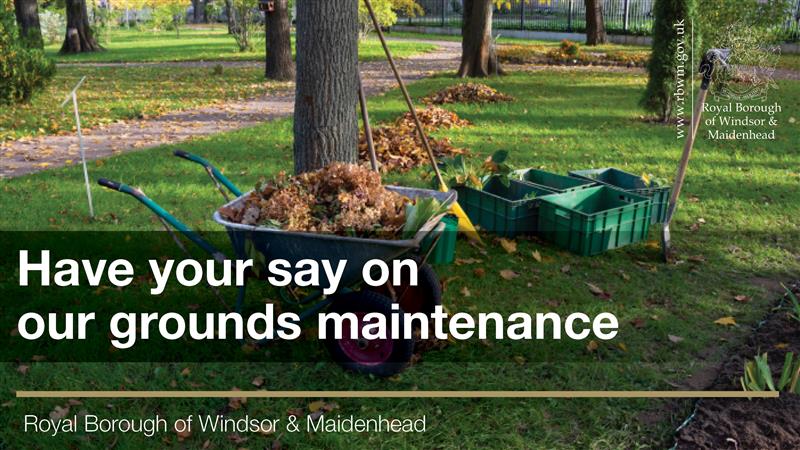 Photo of a wheelbarrow and tools next to piles of leaves. Have your say on our grounds maintenance. Royal Borough of Windsor and Maidenhead